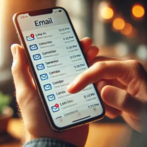DALL·E 2024 09 07 22.04.54 A close up image of a person checking email on their smartphone. The smartphone screen displays a typical email inbox with subject lines senders and